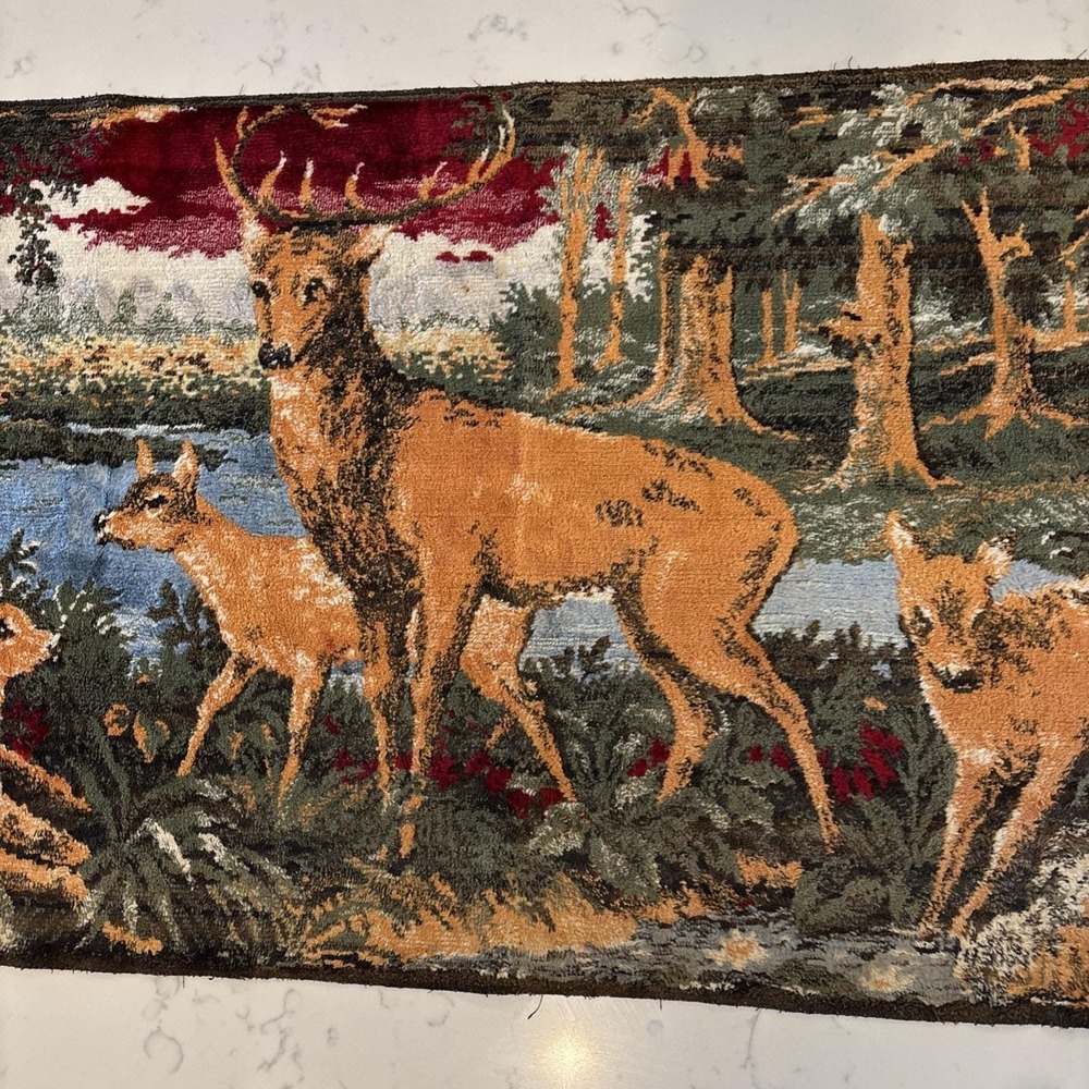 VTG Tapestry Made In Belgium Deer Family In The Forest Colorful Chenille Textile